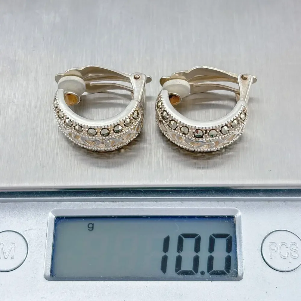 Vintage Sterling Silver 925 Marcasite Hoop Earrings